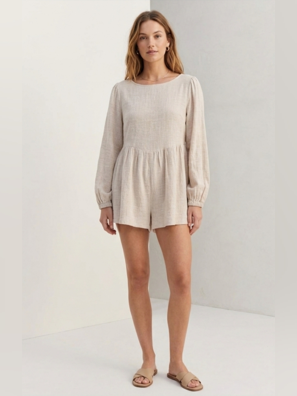 NWT Lumiere Cotton Long Sleeve Romper Relaxed Fit Oatmeal Color